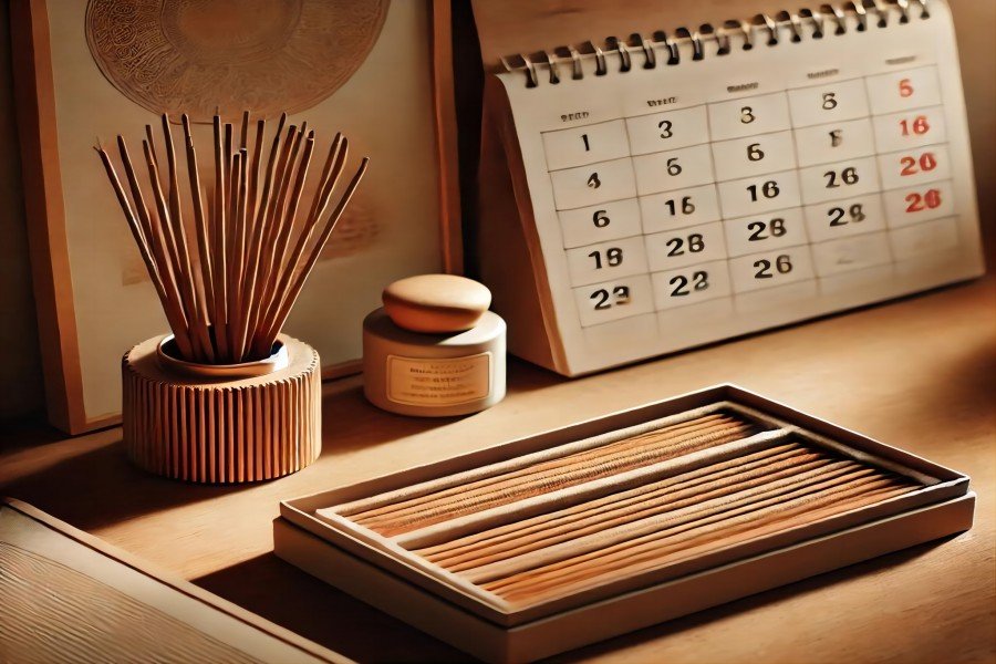 incense sticks in an open box with a subtle calendar in the background